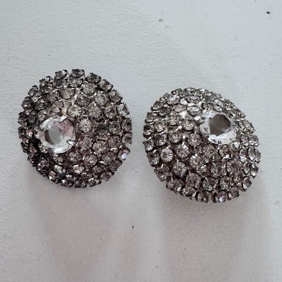 Vintage MCM Rhinestone Large Round Earrings Womens Pierced Formal - Picture 1 of 8